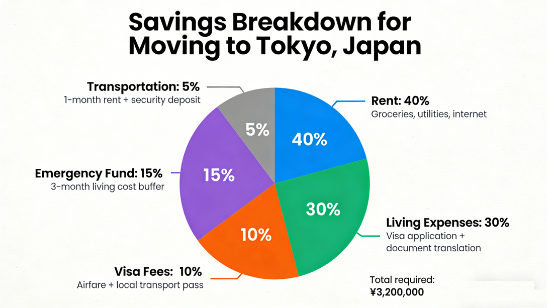 Financial planning chart showing savings breakdown needed before moving to Tokyo Japan