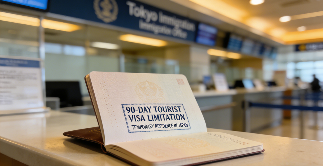 Tokyo immigration office and passport stamp showing 90-day tourist visa limitation for temporary residence in Japan