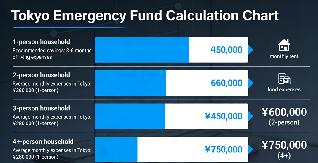 Emergency fund calculation chart showing savings needed for different household sizes in Tokyo