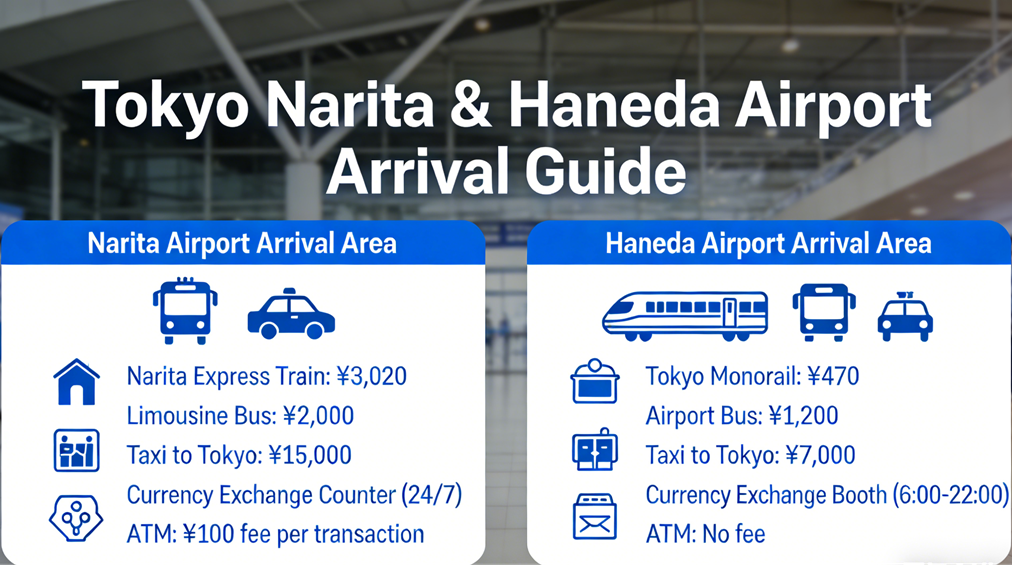 Tokyo Narita and Haneda airport arrival areas showing transportation options and currency exchange locations