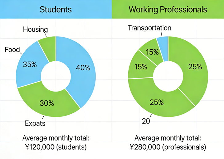 Infographic showing monthly spending breakdown for different types of foreigners living in Tokyo