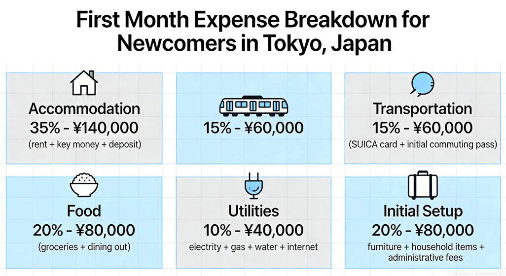Infographic showing first month expense breakdown for newcomers living in Tokyo Japan